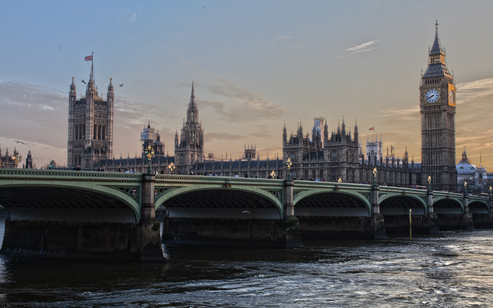 Riverside view of Westminster at sunset