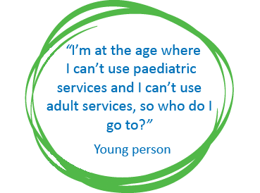 Young person's quote in a green circle. " I'm at the age where I can't use paediatric services and I can't use adult services, so who do I go to?"