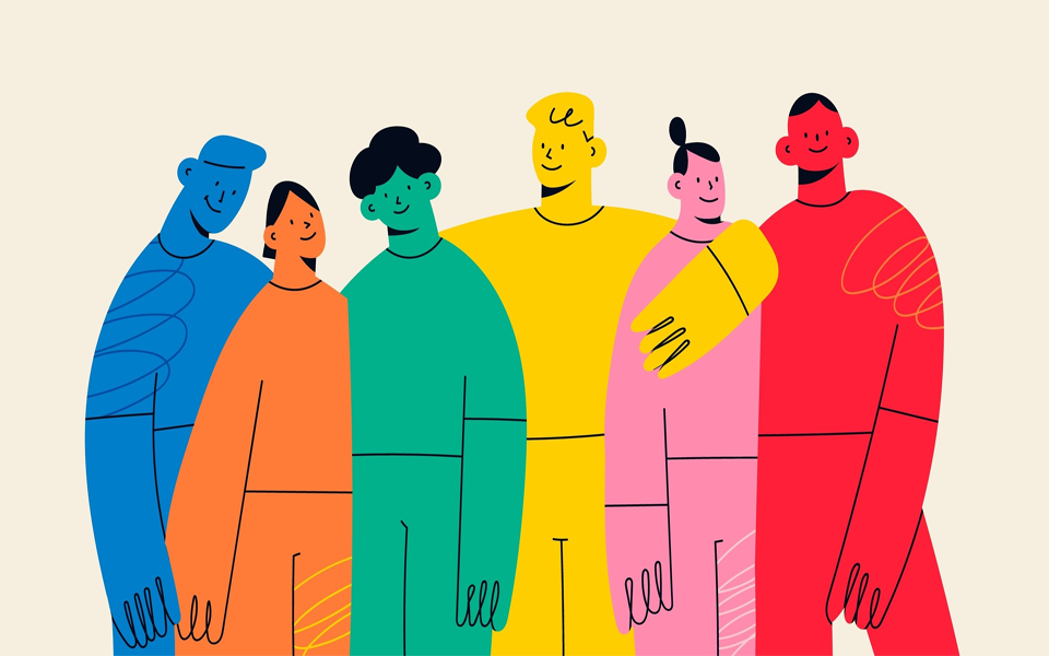 Multi-coloured illustration showing a group of young people standing together smiling.