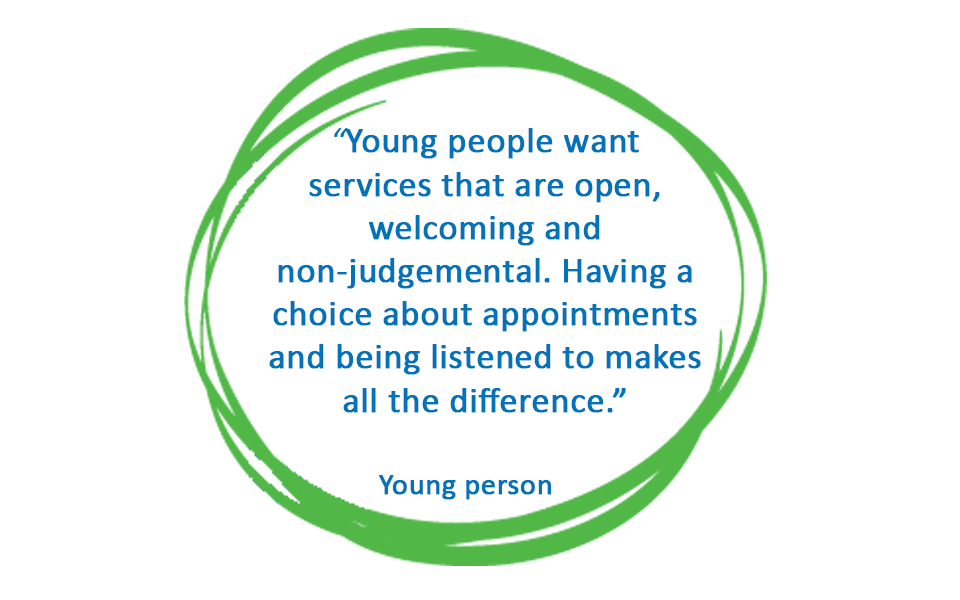 innovation event yp quote - larger Quote from a young person in blue text inside a green circle. Text reads: "Young people want services that are open, welcoming and non-judgemental. Having a choice about appointments and being listened to make all the difference."