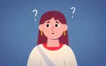 Illustration of a young woman looking confused with question marks around her head
