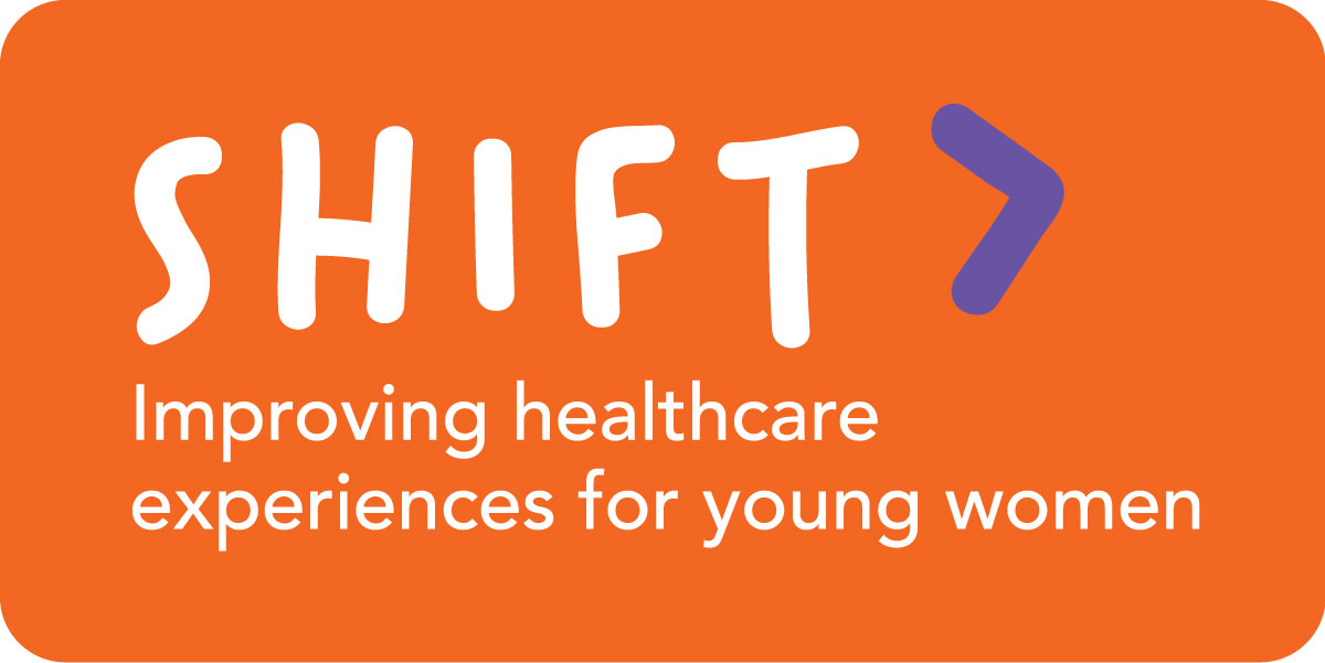 Shift logo on orange background. Text in white below logo reads: "Improving healthcare experiences for young people."