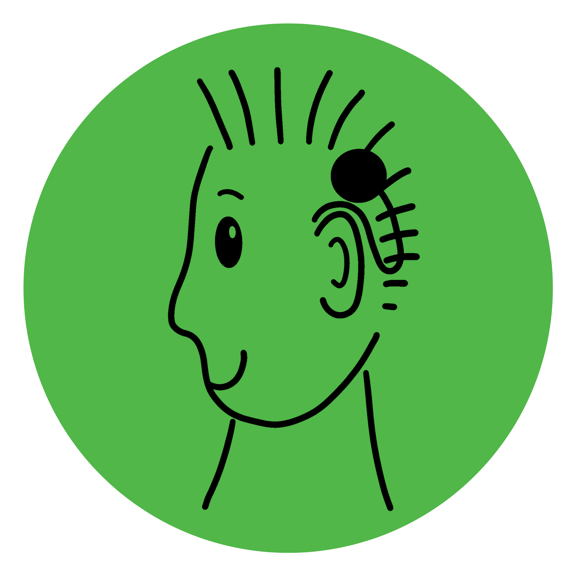 Illustration of a young man with short hair and a cochlear implant, facing sideways on a green background.