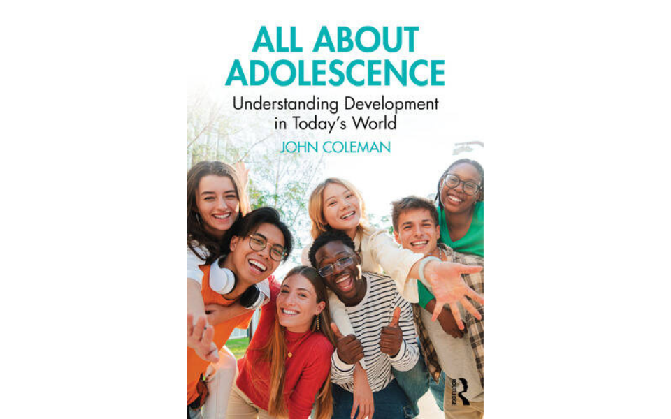 Cover of All about adolescence book, showing a group of young people smiling at the camera.
