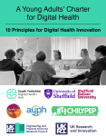 Cover of the young adults' charter for digital health, showing a black and white photo of a group of young people sitting around a table having a discussion.